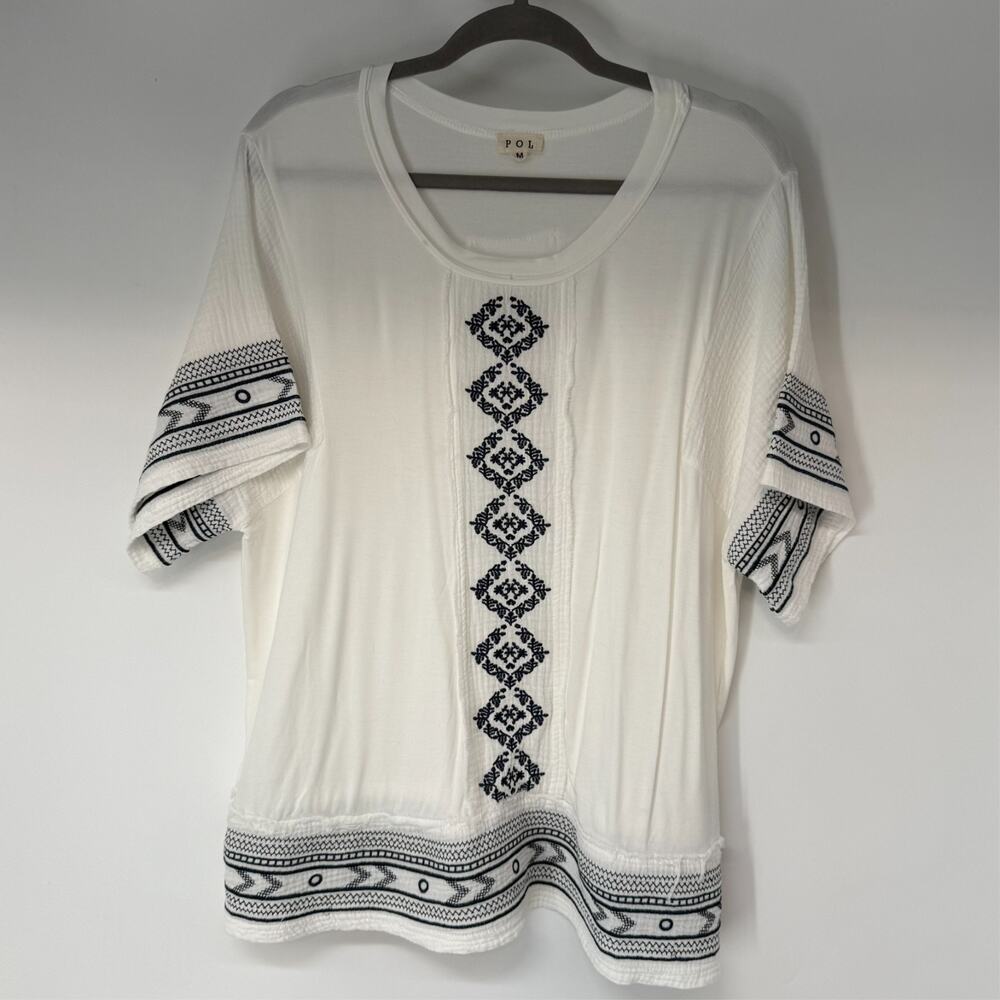 POL White Blouse with Navy Embroidered Trim